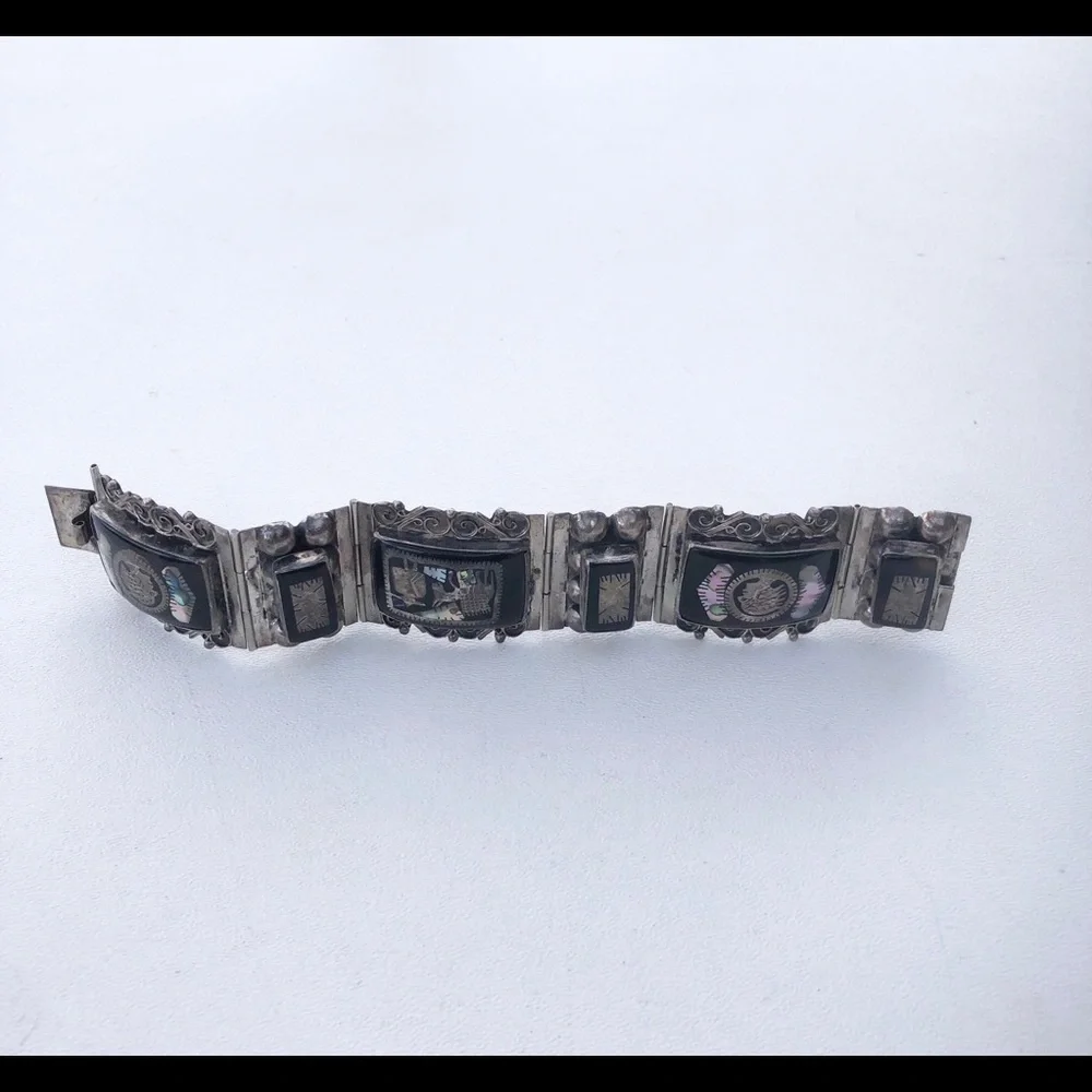 Vintage Mexico Sterling Inlay Panel Bracelet